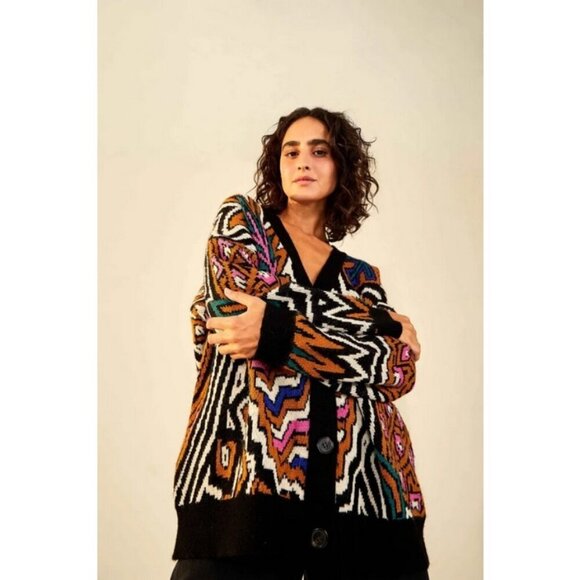 💕FARM RIO💕 Caramel Tropical Stripes Cardigan ~ Tropical Stripes Print XL NWT - Picture 4 of 16